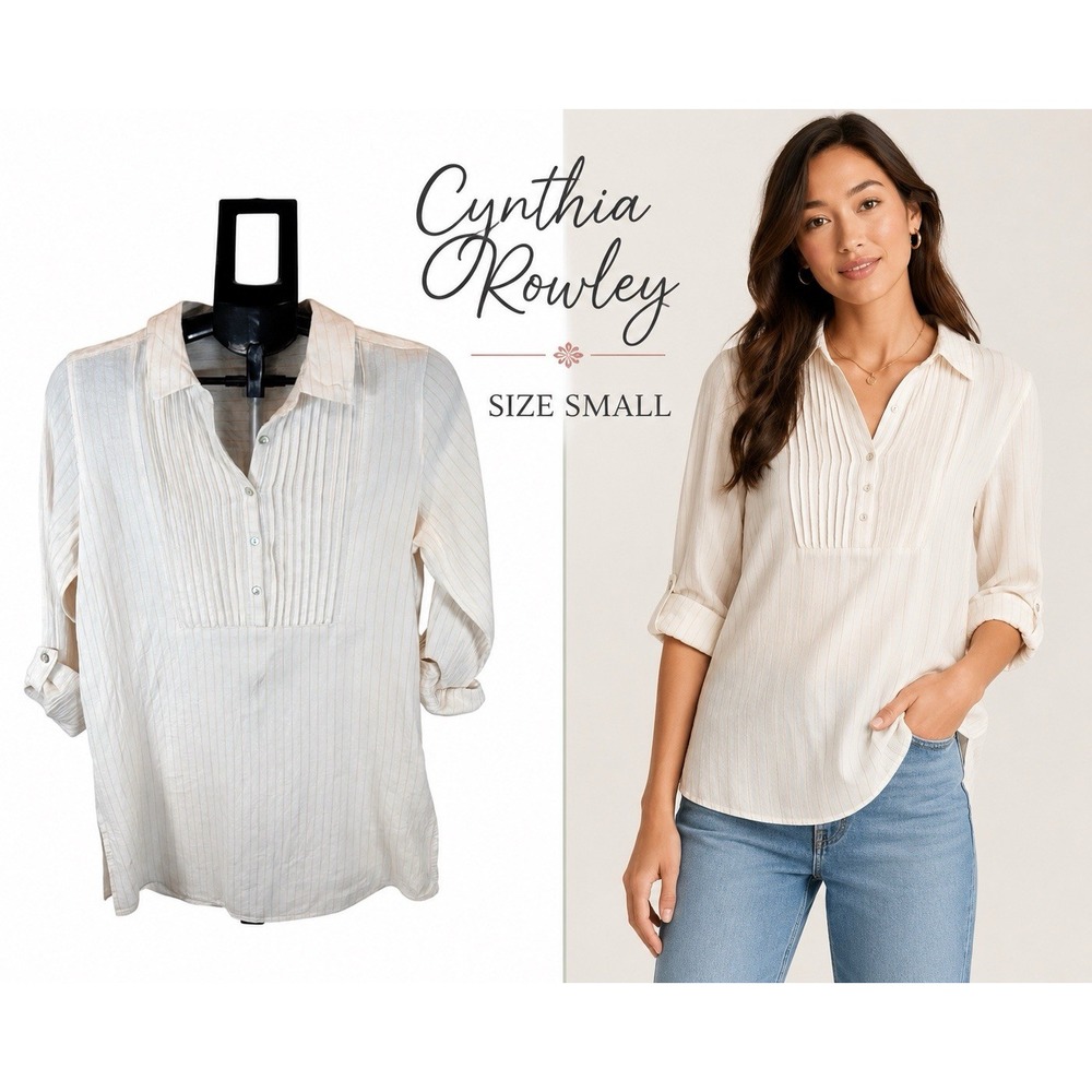 Cynthia Rowley Small 100% Linen Ivory Stripe Tunic Blouse Roll Tab Sleeve Top